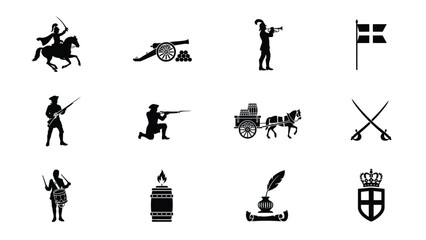 Obraz premium Historical silhouette icons featuring military equipment soldiers and royal heraldic symbols.