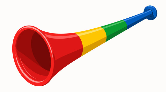 A flat vector illustration of a classic loud vuvuzela plastic stadium horn in vibrant red, yellow, green, and blue sections against a light background, ideal for football World Cup fan merchandise des
