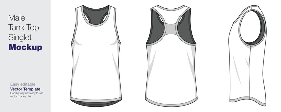 Men's Tank Top Singlet Mockup Vector Template - Front, Back, and Side View