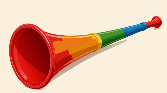A flat vector illustration of a colorful multicolored plastic vuvuzela horn in red, orange, yellow, green, and blue gradient viewed diagonally against a warm cream background, ideal for sports champio