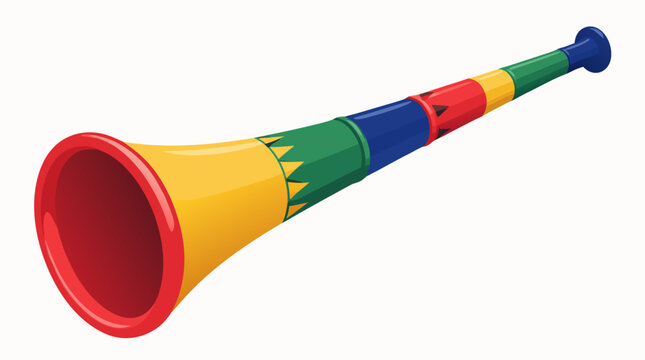 Vibrant colorful vuvuzela horn in red yellow green and blue colors in a flat vector illustration ideal for sports events and South African football culture themes.