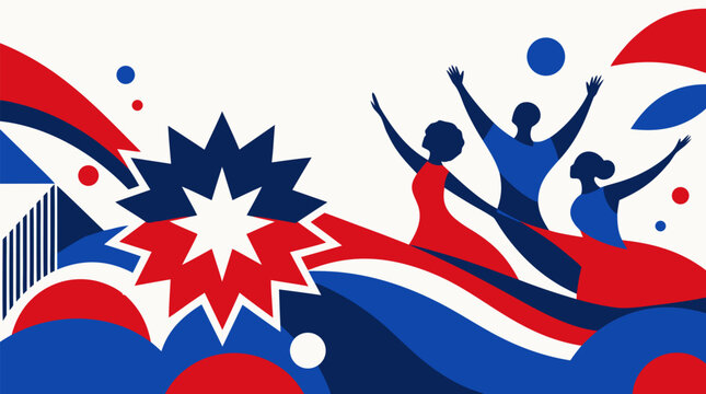 Juneteenth celebration scene with red blue and white flowing shapes a starburst and silhouettes of people raising their arms in a flat vector illustration for cultural awareness.