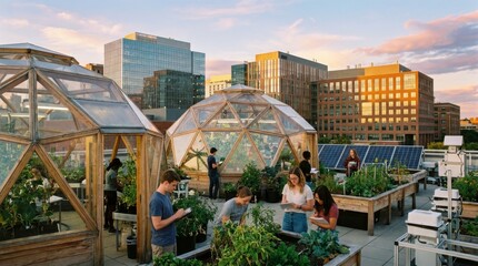 Fototapeta premium Urban Rooftop Garden with Greenhouses and Students Learning About Agriculture