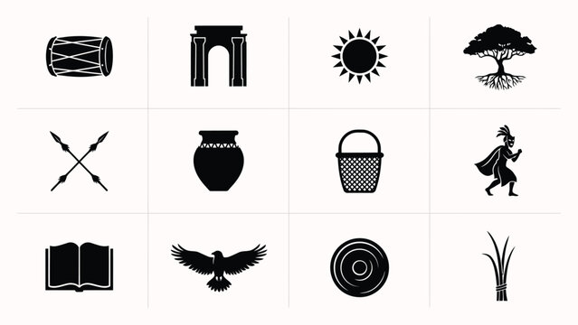 Twelve miscellaneous cultural and natural icons including drums arch sun and tribal crafts.