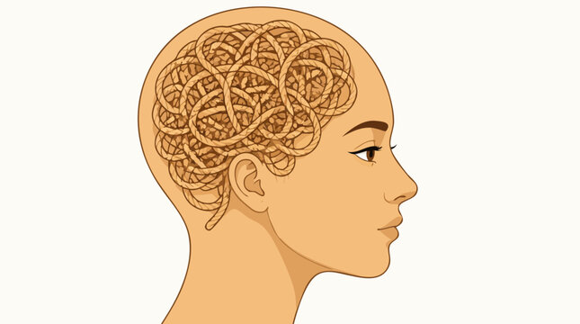 A side profile of a human head filled with a tangled knot of rope or cord in place of the brain shown as a flat vector illustration on a light background, ideal for mental health awareness content, st