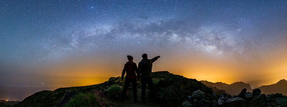 Couple admiring Milky Way galaxy from Roque de los Muchachos, La Palma