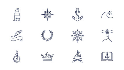 Nautical theme outline icon set featuring ships compasses anchors and maritime objects. © Soma