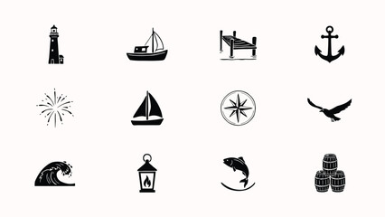 Set of maritime and nautical icons featuring ships lighthouses anchors waves and compasses. © Soma