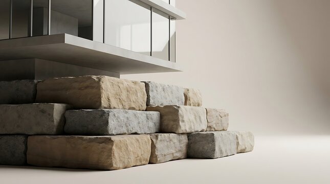 Abstract architectural representation of Betriebsrisiko showing a modern building structure supported by an unstable and uneven stone foundation stack