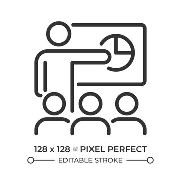 Presentation pixel perfect line icon. Manager performing business strategy to colleagues. Product vision. Isolated vector illustration. Outline symbol. Simple linear drawing. Editable stroke