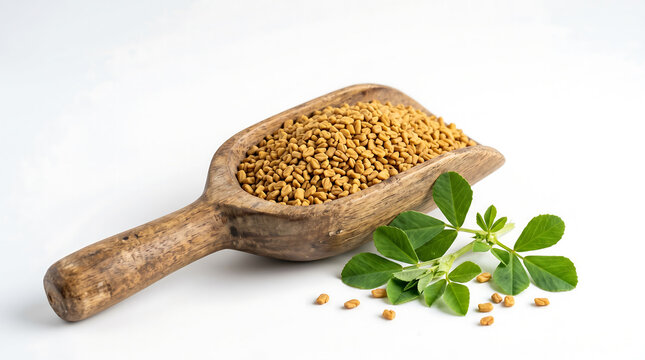 Dried fenugreek seeds displayed in a rustic wooden scoop with fresh green fenugreek leaves, symbolizing a natural, versatile herb and spice essential for culinary and wellness applications