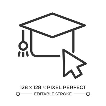Online education pixel perfect line icon. Clicking mortarboard. Digital learning program. Virtual graduation. Isolated vector illustration. Outline symbol. Simple linear drawing. Editable stroke