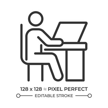 Office worker pixel perfect line icon. Employee working on laptop at desk. Workplace with computer. Isolated vector illustration. Outline symbol. Simple linear drawing. Editable stroke