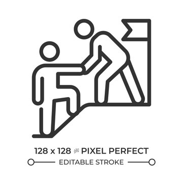 Mentorship pixel perfect line icon. Supporting coach helping student to reach summit. Effective leadership. Isolated vector illustration. Outline symbol. Simple linear drawing. Editable stroke