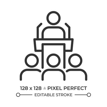 Speaker performance pixel perfect line icon. Leader talking to audience as standing at podium. Politician speech. Isolated vector illustration. Outline symbol. Simple linear drawing. Editable stroke