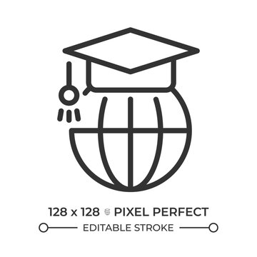 Global education pixel perfect line icon. Earth globe with mortarboard. Access to learning over world. Isolated vector illustration. Outline symbol. Simple linear drawing. Editable stroke