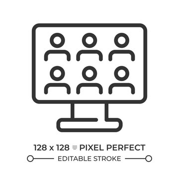 Online meeting pixel perfect line icon. Participants avatars on computer monitor. Communication technology. Isolated vector illustration. Outline symbol. Simple linear drawing. Editable stroke