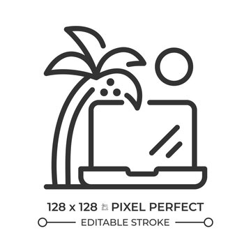 Digital nomad pixel perfect line icon. Laptop under palm tree. Remote job from anywhere in world. Isolated vector illustration. Outline symbol. Simple linear drawing. Editable stroke