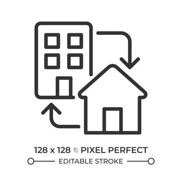 Hybrid work pixel perfect line icon. Outsource employee hiring. Flexible employment model. Freelance job. Isolated vector illustration. Outline symbol. Simple linear drawing. Editable stroke