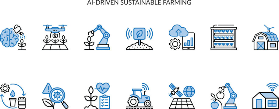 Artificial intelligence sustainable farming icons featuring drone monitoring robotic automation vertical agriculture systems and satellite crop analytics