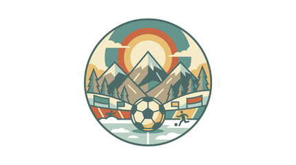 Soccer ball emblem with stadium stands and mountain sunset. © Akun