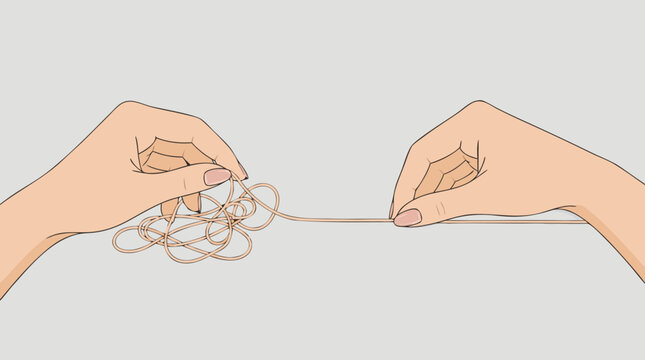 Two hands carefully untangling a messy knotted string and straightening it into a clean single line as a conceptual flat vector illustration.