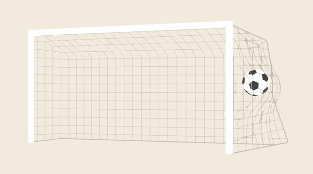 A soccer goal net with a football lodged in the corner netting after a powerful shot depicted as a clean flat vector illustration.