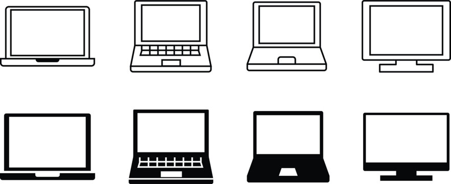 Eight black and white icons representing laptops and desktop computer monitors