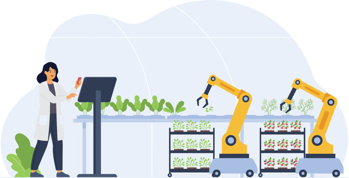 Automated vertical greenhouse illustration with scientist operating robotic arms for precise plant cultivation and hydroponic harvesting