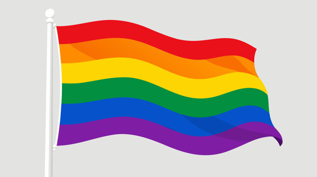 A rainbow pride flag waving proudly on a tall flagpole in vivid colorful bands as a bold flat vector illustration.