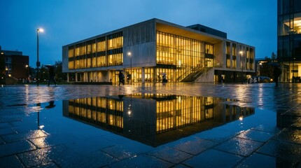 Obraz premium Modern University Building at Dusk with Reflections on Wet Pavement