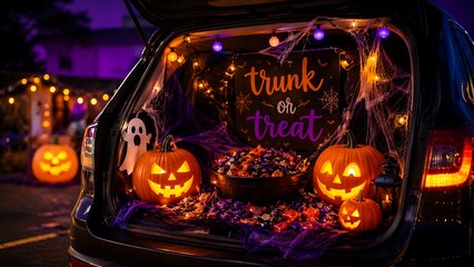 Trunk or treat car trunk decorated with pumpkins and candy.