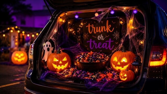 Trunk or treat car trunk decorated with pumpkins and candy.