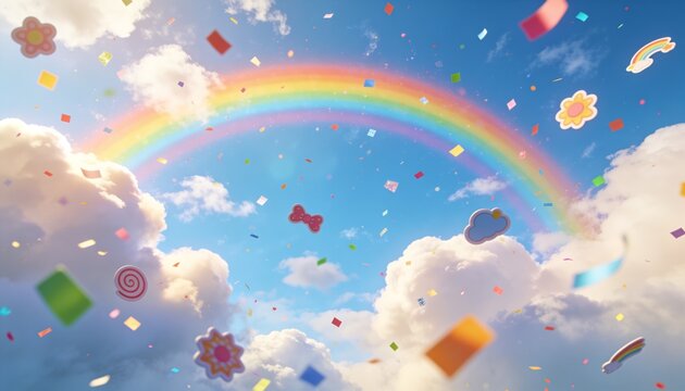 Arching vivid rainbow arc across blue sky, backlighting cumulus clouds with confetti and stickers