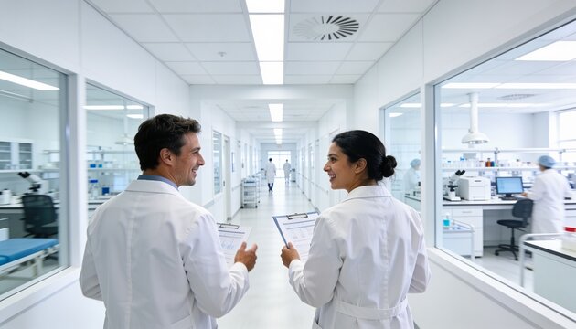 Walking two scientists in lab coats talking in lab corridor, with clipboards near microscope