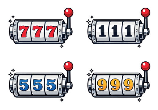 Lucky slot machines showing 777, 111, 555, and 999 winning combinations, representing jackpot, gambling, and success