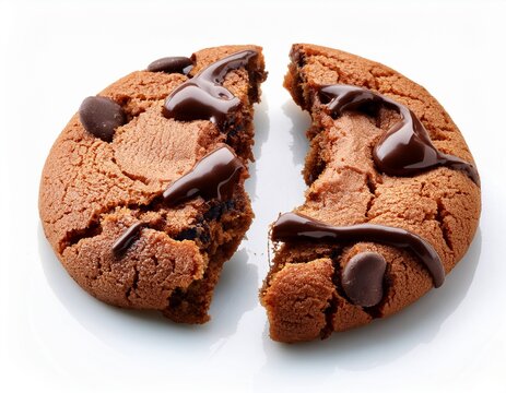 gourmet thick chocolate chip cookie broken in half with melted chocolate isolated on white