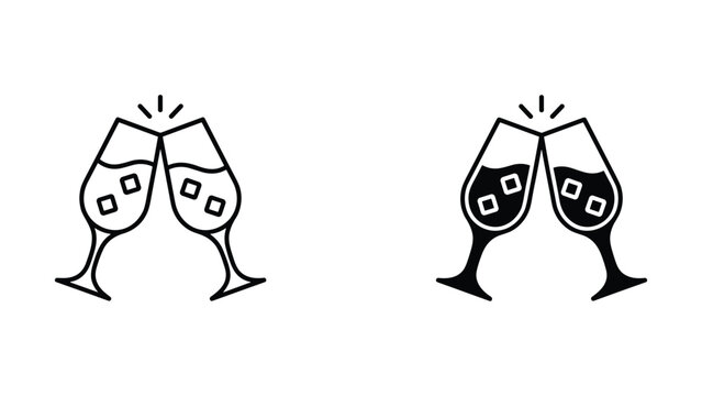 Two clinking champagne glasses with ice cubes vector icon set in outline and solid black design