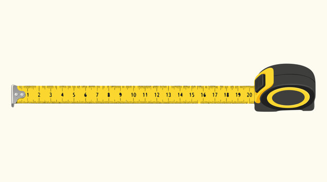 A flat vector illustration of a yellow measuring tape unrolled and extended to display incremental markings on a cream background for commercial use.