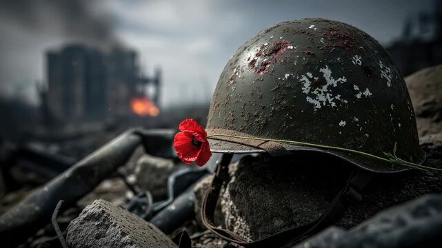 Soldier helmet with a red poppy flower on a battlefield. Military commemorative scene of war destruction. Remembrance Day symbol in a devastated ruined landscape.