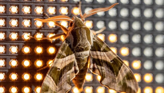 Perching large patterned moth showing olive green brown bands on lit LED panel, warm diodes