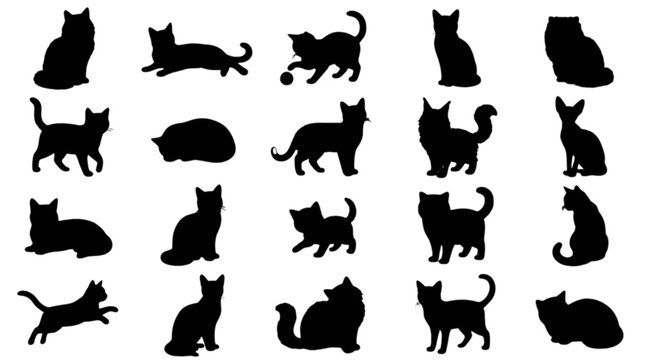 Black silhouette cats and dogs in playful poses isolated on transparent background, Vector