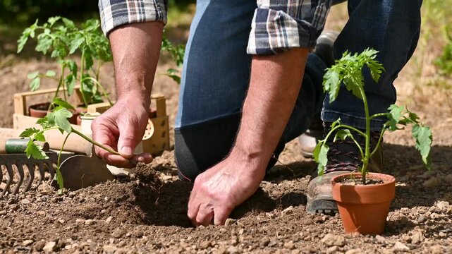 Close up of farmer's hands planting tomato seedling in soil in organic field. Garden work in spring. Traditional agriculture. Footage.