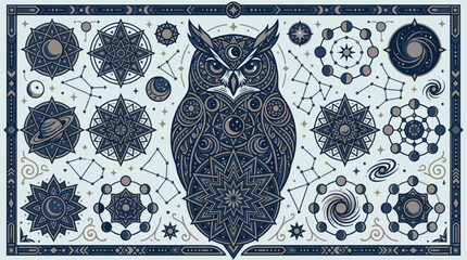 An owl illustration showcases intricate patterns surrounded by geometric designs.