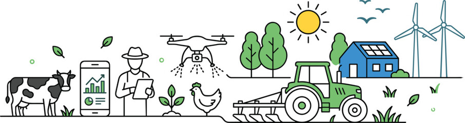 Obraz premium Smart agriculture banner with farmer managing automated tractor drone renewable energy icons and livestock in thin line style