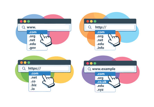 Mouse cursor selecting top-level domain extensions in the browser address bar for web address registration and search