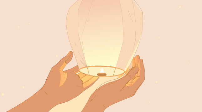 Two hands gently holding a softly glowing paper sky lantern at dusk shown as a flat vector illustration on a light background, suitable for cultural festival promotions, mindfulness brands, and romant