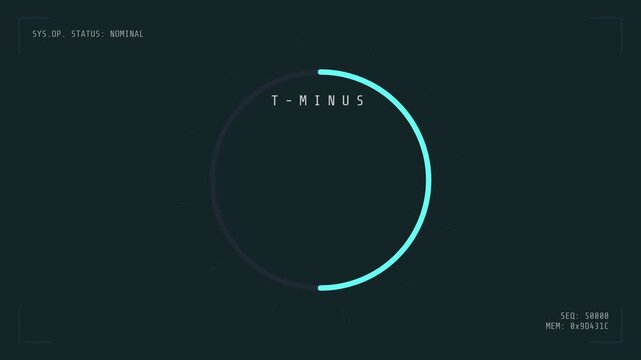 Minimalist digital UI element featuring a progress ring with the text 'T-MINUS' and a loading bar, set against a dark teal background with subtle grid lines and timestamps