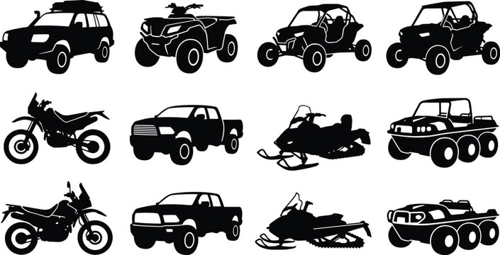 Off road vehicles vector silhouette set featuring pickup trucks atv quad bikes buggies motorcycles snowmobiles and amphibious cars icons
