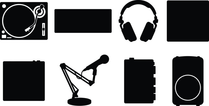 DJ equipment and podcast audio vector silhouette set featuring turntable headphones microphone mixer speaker and music recording icons